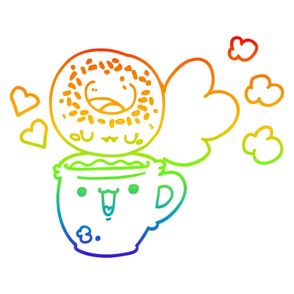 彩虹渐变线绘制可爱的卡通甜甜圈和咖啡 — 图库矢量图片
