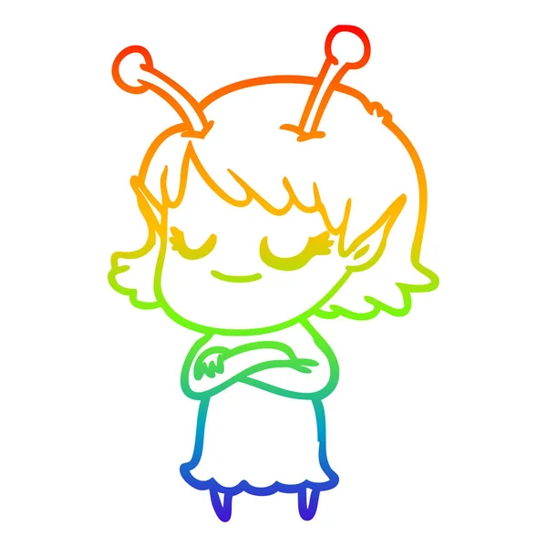Rainbow gradient ligne dessin sourire alien fille dessin animé — Image vectorielle