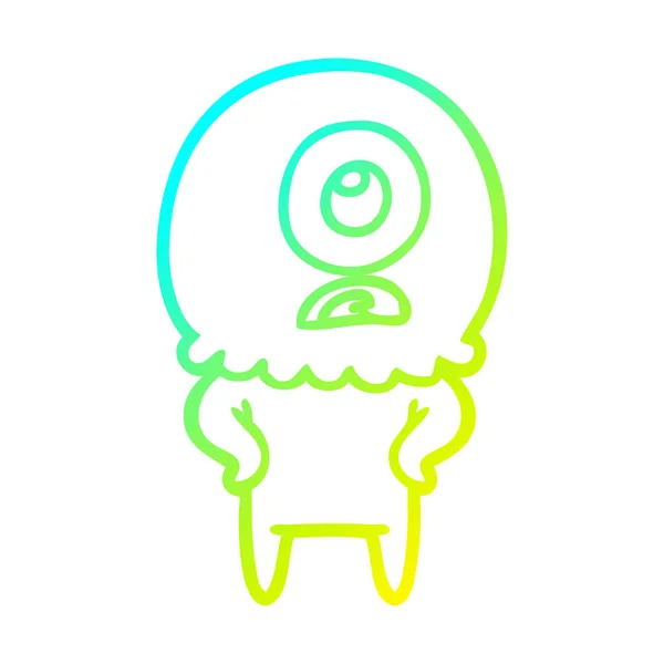 Línea de gradiente frío dibujo dibujos animados cyclops alien spaceman — Vector de stock