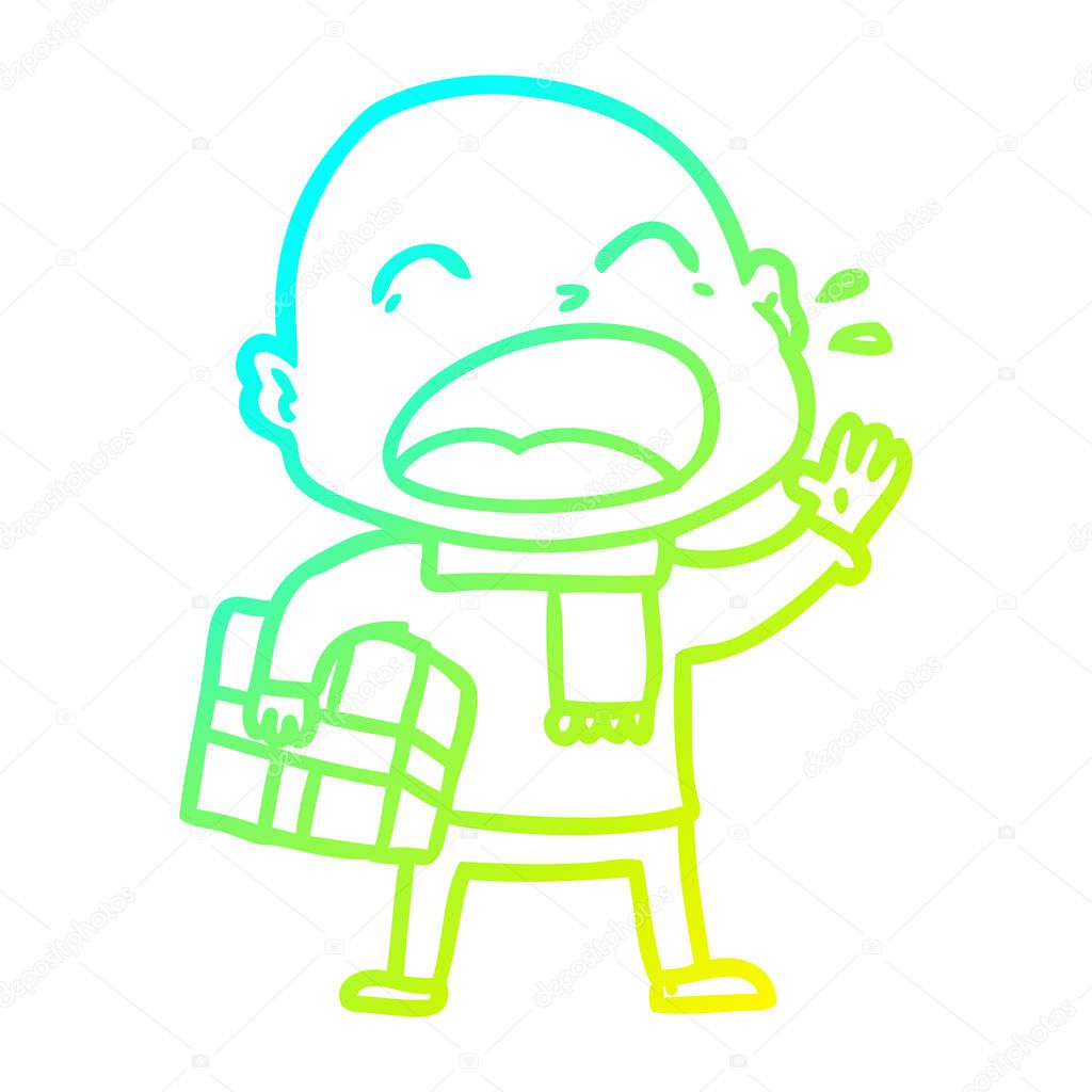 cold gradient line drawing cartoon shouting bald man with presen