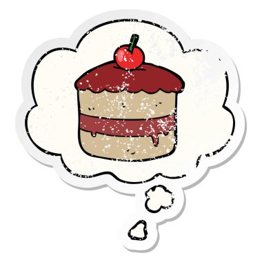 karikatür pasta ve sıkıntılı yıpranmış etiket olarak kabarcık düşünce