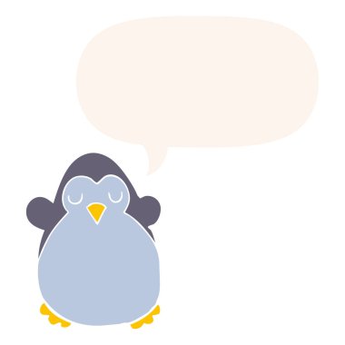 retro tarzında karikatür penguen ve konuşma balonu