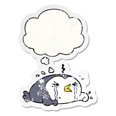 çizgi film ağlayan penguen ve sıkıntılı bir yıpranmış olarak kabarcık düşünce s