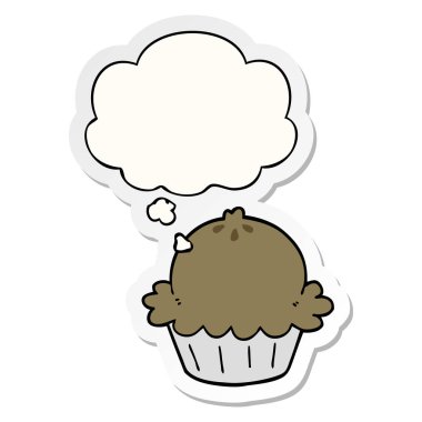 sevimli karikatür pasta ve baskılı bir etiket olarak kabarcık düşünce