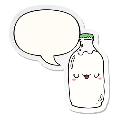 sevimli karikatür süt şişesi ve konuşma kabarcık etiket