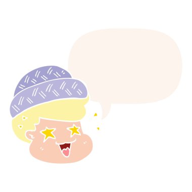 retro tarzda şapka ve konuşma balonu giyen karikatür çocuk