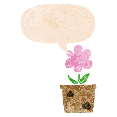 retro dokulu tarzısevimli karikatür çiçek ve konuşma balonu