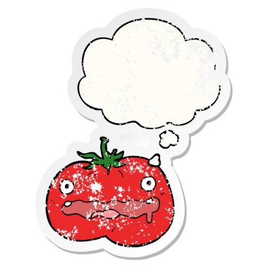 karikatür domates ve sıkıntılı yıpranmış etiket olarak kabarcık düşünce