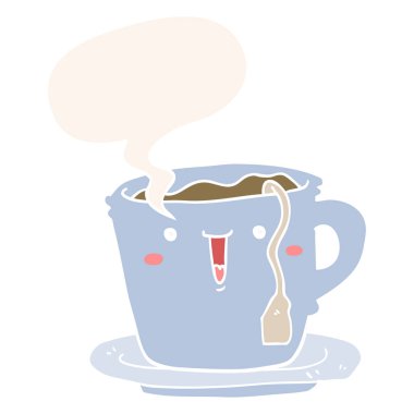 retro tarzı sevimli karikatür fincan ve tabak ve konuşma balonu