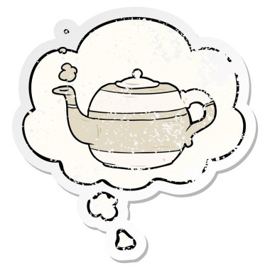 karikatür çaydanlık ve sıkıntılı yıpranmış etiket olarak kabarcık düşünce