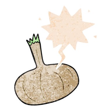 retro dokulu tarzda karikatür soğan ve konuşma balonu