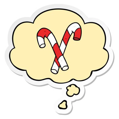 karikatür şeker kamışı ve baskılı bir etiket olarak kabarcık düşünce