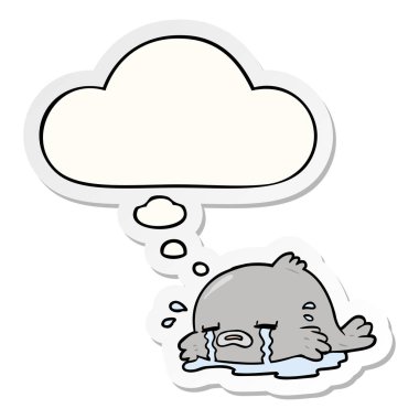 karikatür ağlayan balık ve baskılı bir etiket olarak kabarcık düşünce