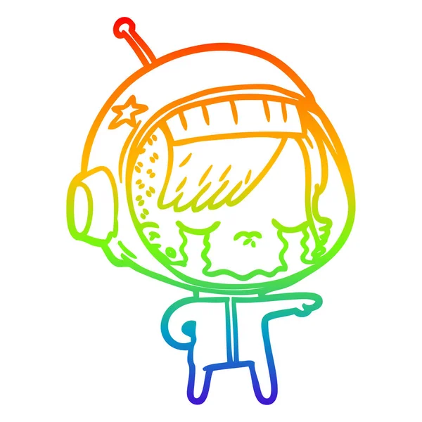 Arcobaleno gradiente linea disegno cartone animato piangendo astronauta ragazza — Vettoriale Stock