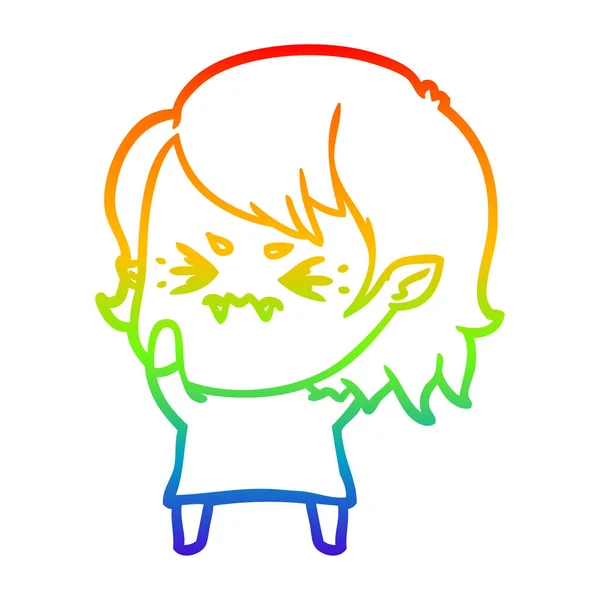 Rainbow gradient line drawing annoyed cartoon vampire girl — Stock Vector
