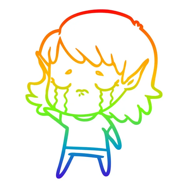 Arco iris gradiente línea dibujo dibujos animados llorando elfo chica — Vector de stock