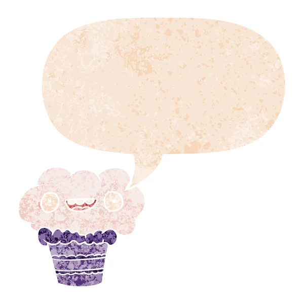 Cupcake dessin animé et bulle de parole dans un style texturé rétro — Image vectorielle