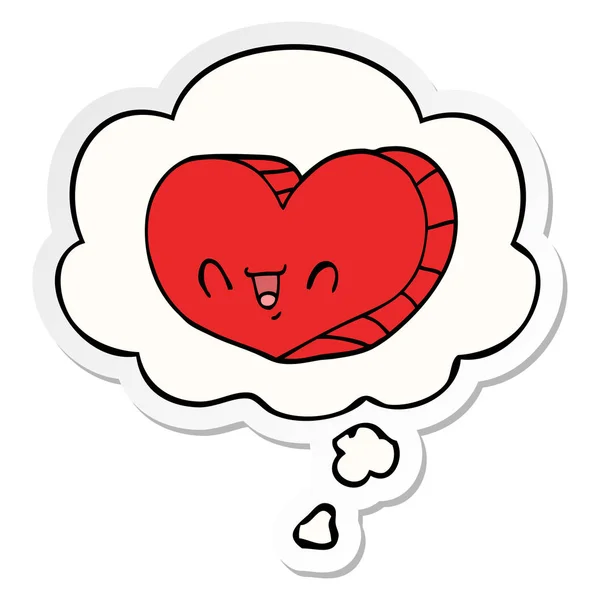 Cartoon love heart and thought bubble as a printed sticker — Stock Vector