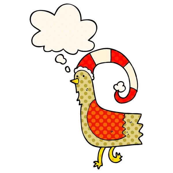 Cartone animato pollo in divertente cappello di Natale e bolla di pensiero in com — Vettoriale Stock