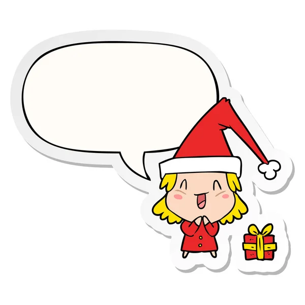 Chica de dibujos animados con sombrero de Navidad y el habla etiqueta engomada burbuja — Vector de stock