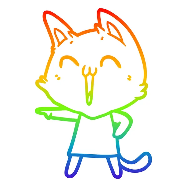 Rainbow gradient line drawing happy cartoon cat — Stock Vector