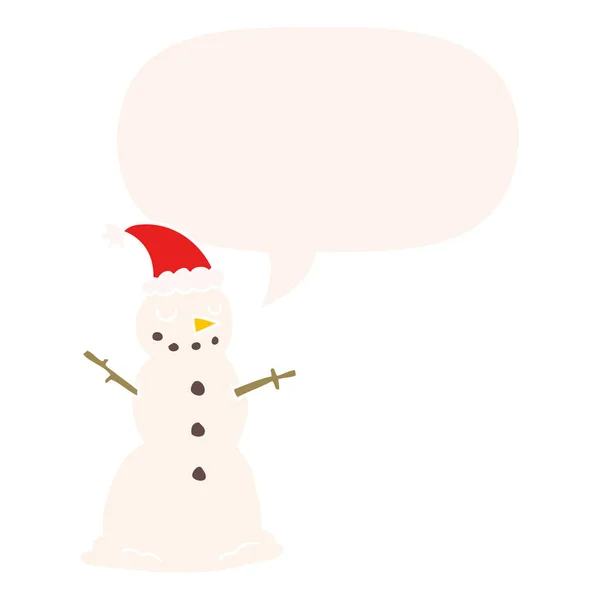 Muñeco de nieve de Navidad de dibujos animados y burbuja de habla en estilo retro — Vector de stock