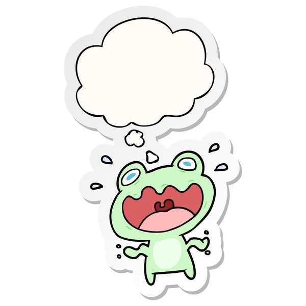 Karikatür kurbağa korkmuş ve baskılı bir etiket olarak kabarcık düşünce — Stok Vektör