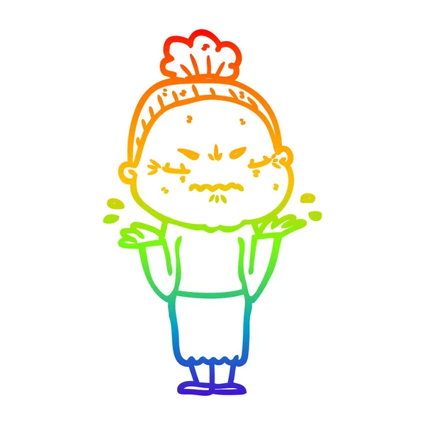 Regenboog gradiënt lijntekening cartoon geïrriteerde oude dame — Stockvector