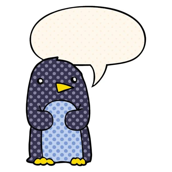 Pinguim dos desenhos animados e bolha de fala em estilo quadrinhos — Vetor de Stock