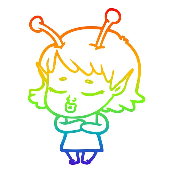 Rainbow gradient ligne dessin mignon alien fille dessin animé — Image vectorielle