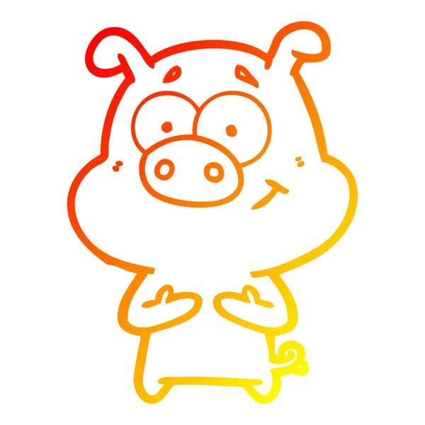 Línea de gradiente caliente dibujo feliz cerdo de dibujos animados — Vector de stock