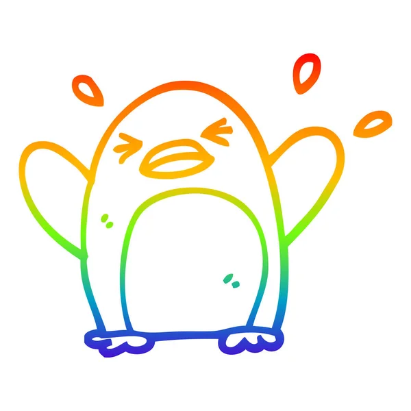 Regenbogen-Gradienten-Linie Zeichnung Karikatur flatternder Pinguin — Stockvektor