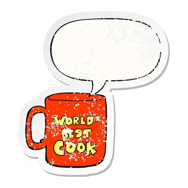 Monde meilleur cuisinier tasse et bulle de parole autocollant affligé — Image vectorielle