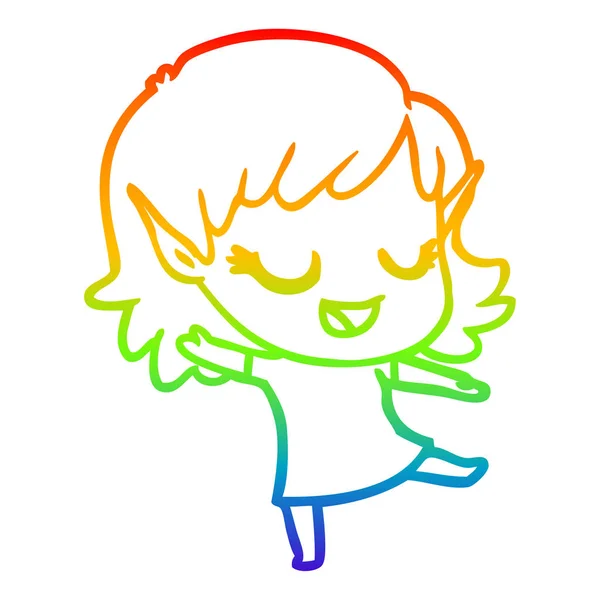 Rainbow gradient ligne dessin heureux dessin animé elfe fille — Image vectorielle