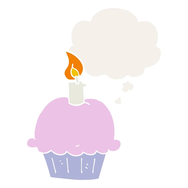 Cupcake cumpleaños de dibujos animados y burbuja de pensamiento en estilo retro — Vector de stock