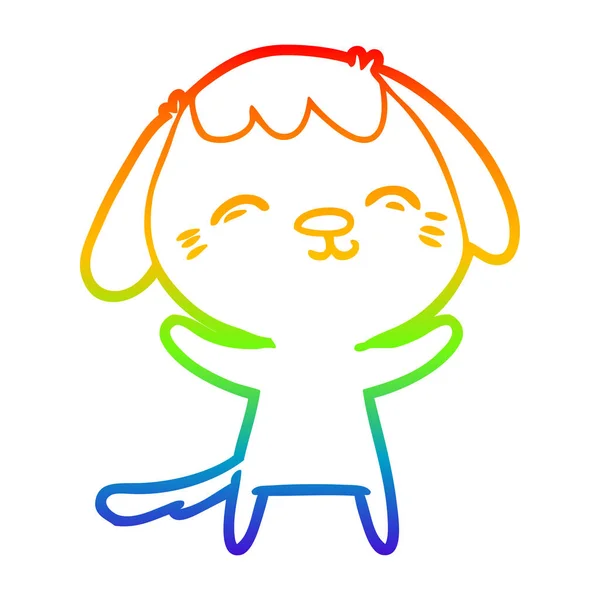 Regenbogen-Gradienten-Linie zeichnet glücklichen Cartoon-Hund — Stockvektor