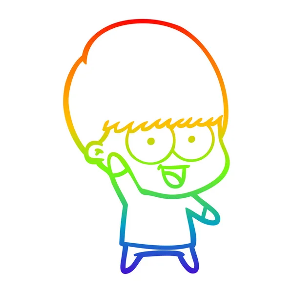 Regenbogen-Gradientenlinie zeichnet fröhlichen Cartoon-Jungen, der winkt — Stockvektor