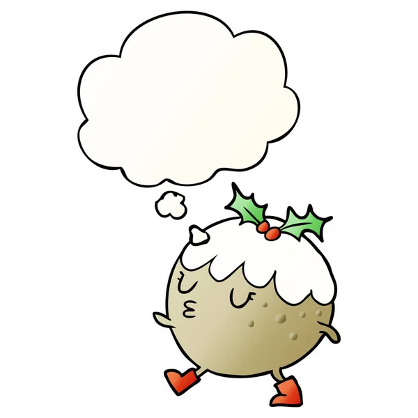 Pudín de Navidad de dibujos animados caminando y burbuja de pensamiento en gr suave — Vector de stock