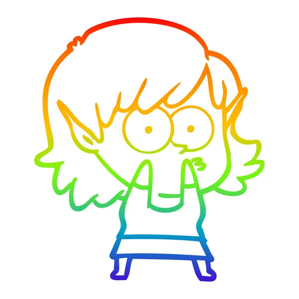 Arco iris gradiente línea dibujo dibujos animados elfo chica mirando — Vector de stock