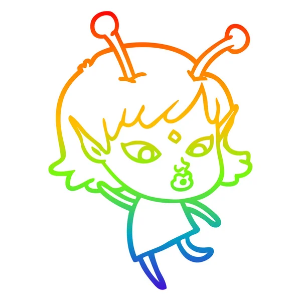 Rainbow gradient line drawing pretty cartoon alien girl dancing — Stock Vector