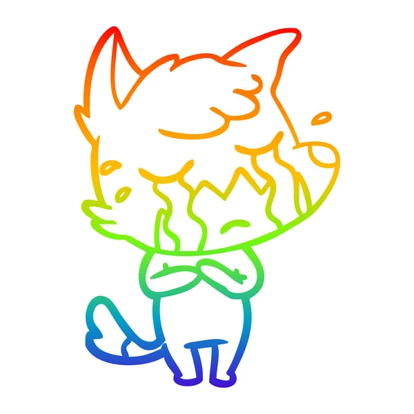 Rainbow gradient line drawing crying fox cartoon — Stock Vector