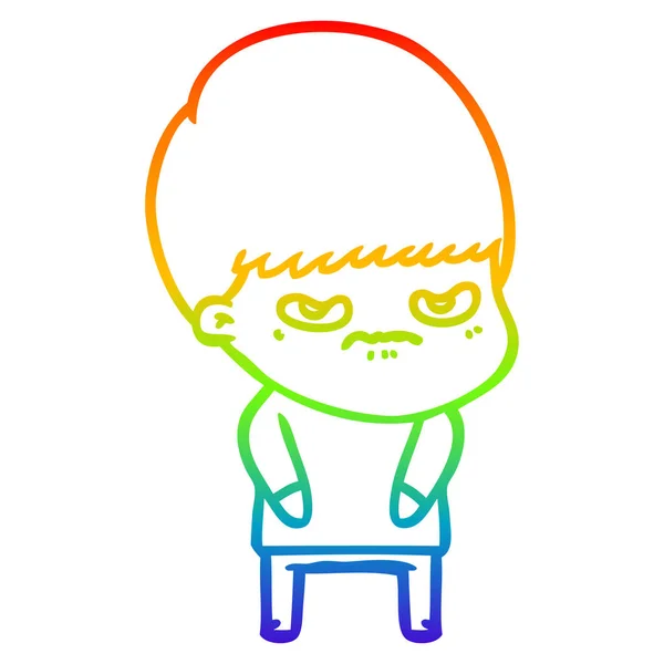 Rainbow gradient ligne dessin ennuyé dessin animé garçon — Image vectorielle