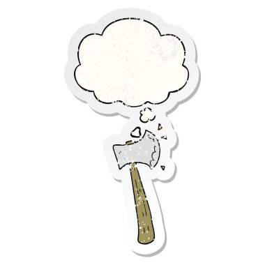karikatür balta ve sıkıntılı yıpranmış etiket olarak kabarcık düşünce