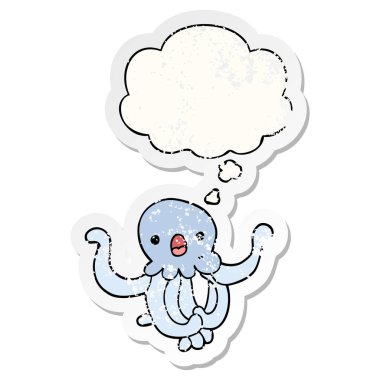 karikatür denizanası ve sıkıntılı yıpranmış sticke olarak kabarcık düşünce