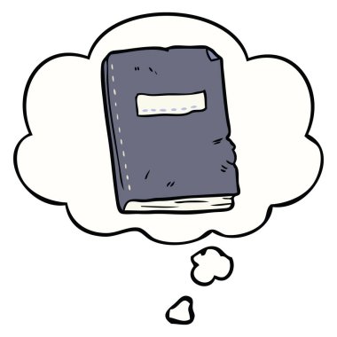karikatür hırpalanmış eski defter ve düşünce balonu