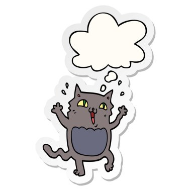 çizgi film deli heyecanlı kedi ve baskılı bir sticke olarak kabarcık düşünce