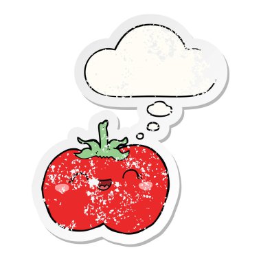 karikatür domates ve sıkıntılı yıpranmış etiket olarak kabarcık düşünce