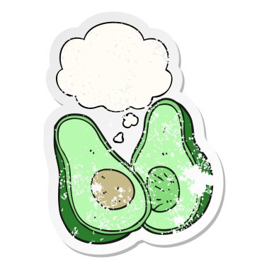 karikatür avokado ve sıkıntılı yıpranmış etiket olarak kabarcık düşünce