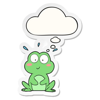 sevimli karikatür kurbağa ve baskılı bir etiket olarak kabarcık düşünce