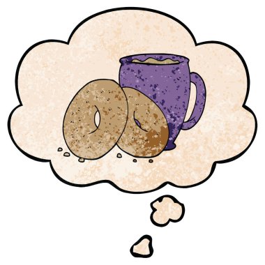 karikatür kahve ve çörekler ve grunge doku p düşünce balonu